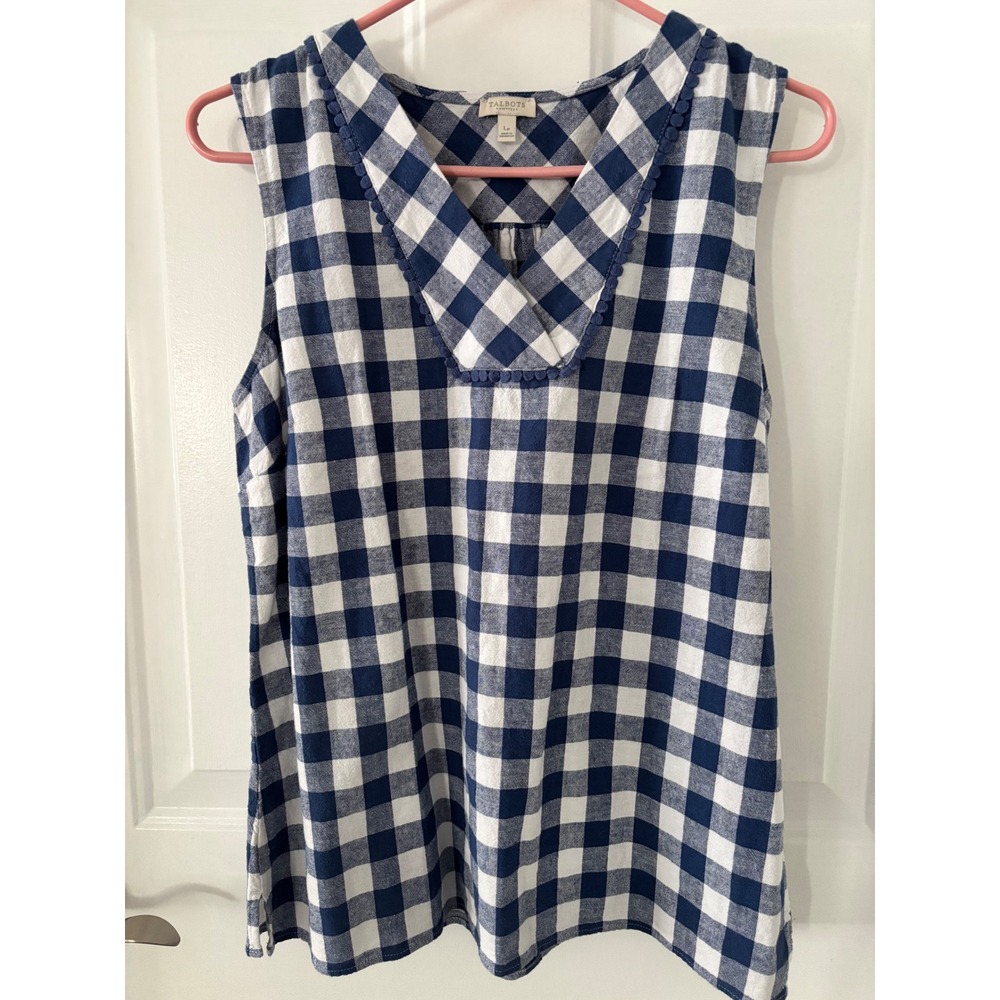 Talbots LP Blue Gingham Linen Blend Sleeveless V-Neck Pom Pom Trim Top